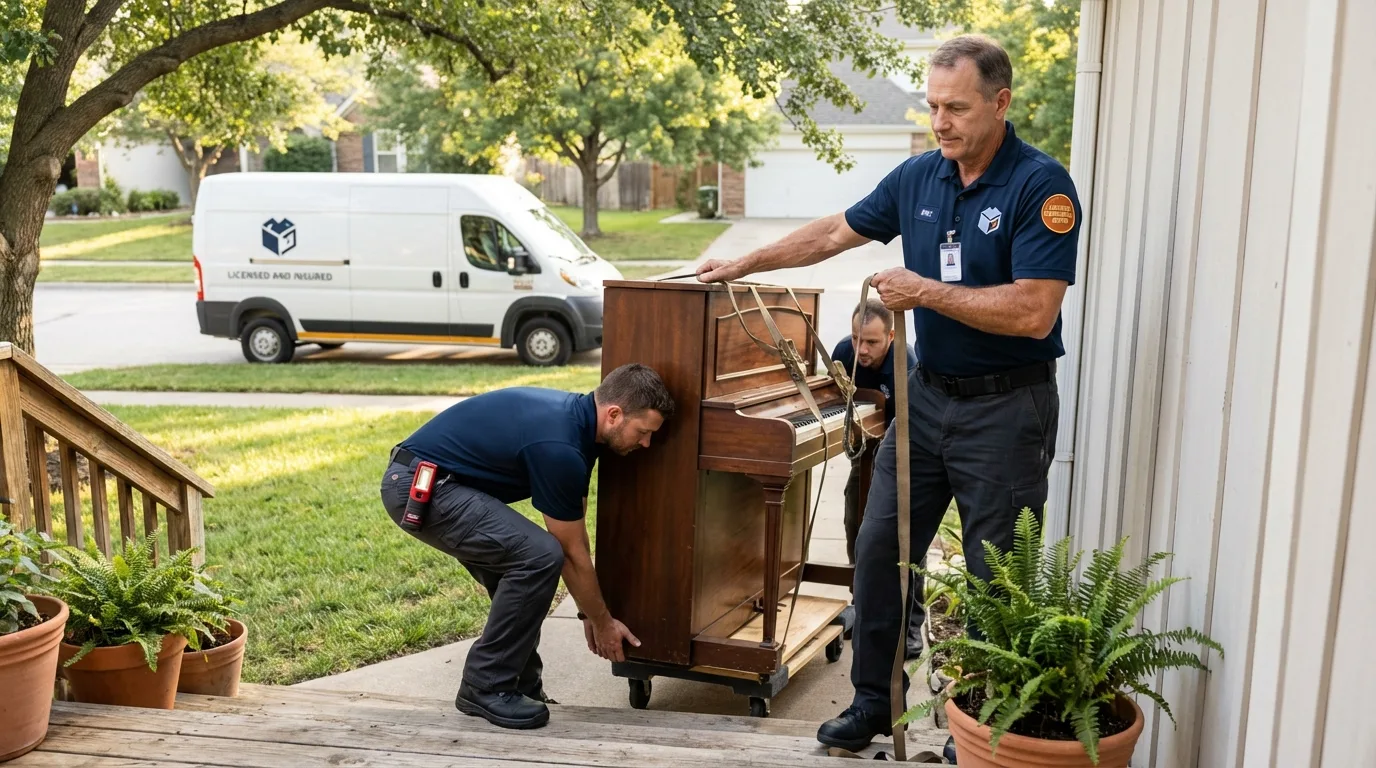 Licensed piano movers securing grand piano in Cadott, WI