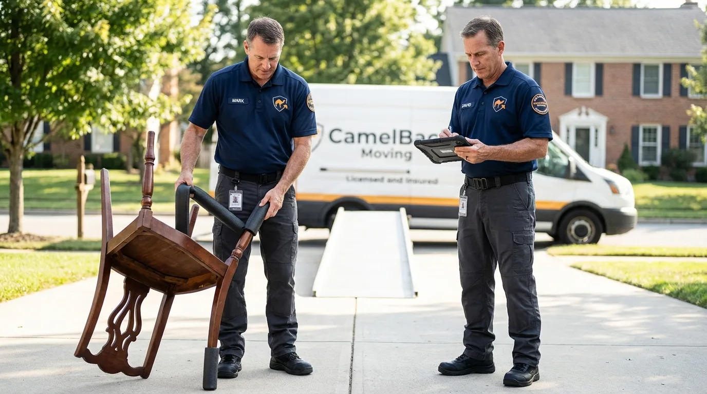 Movers inspecting furniture for damage prevention before loading in Cadott, WI